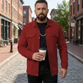 Professional outdoor lifestyle view of red waffle-knit work jacket with lapel and buttons - S / Tops / Dark Red
