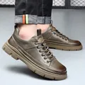 Chaussures de loisirs d'extérieur en cuir véritable marron pour hommes, semelle souple - 38 / Kaki