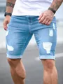 Slim fit men's ripped denim shorts in light blue wash featuring distressed frayed edges - S / Bottoms / Blue