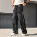 Men's loose straight-leg jeans with rhinestone embellishments in washed black finish - 38 / Bottoms / With Chain / Black