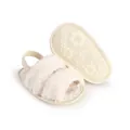 Soft off-white plush baby slippers with elastic heel strap and floral non-slip sole - Off White / 11cm