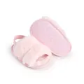 Soft pink faux fur baby slippers with elastic back strap and floral sole - Pink / 11cm