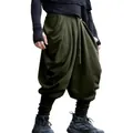Men's olive green harem pants with drop crotch and drawstring elastic waist design - S / Bottoms / Army Green