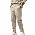 Men's relaxed fit cotton linen straight leg drawstring trousers in light apricot beige - S / Bottoms / Light Khaki