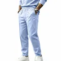 Men's light blue cotton linen straight trousers with drawstring waist and pockets - Light Blue