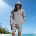 Casual men's grey linen hooded Henley long sleeve shirt and matching shorts set for beach - S / Top And Bottom / Gray