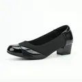Elegant black women's mid-block heel pumps with patent leather toe and matte finish - 35 / Black