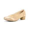 Elegant beige mid block heel pumps for women with patent leather toe cap and slip-on design - 35 / Off White