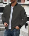 Detail view of men's waffle knit jacket with stand collar and sleeve zipper - S / Tops / Dark Gray