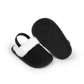 Detail of baby indoor slippers with anti-slip sole and warm white faux fur trim - 11cm / Black
