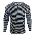 Detailed view of men's casual long-sleeve Henley shirt with black and white stripes - Size S / Tops / Black