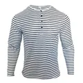Front view detail of a men's long-sleeve Henley shirt featuring classic black and white stripes - Size S / Tops / White