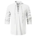 Chemise d'homme en coton lin blanc avec col montant et détail de laçage rétro - S / Hauts / Blanc
