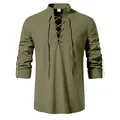 Chemise homme médiévale vintage en coton et lin avec laçage et col officier élégant - S / Hauts / Vert Militaire