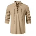 Chemise médiévale en coton et lin kaki avec détail de laçage au cou et col montant - S / Hauts / Khaki