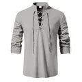 Vue détaillée d'une chemise rétro médiévale en coton et lin avec laçage et col officier - Gris
