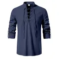 Détail de l'encolure en V à lacets et du tissu en coton lin bleu marine texturé de la chemise - Bleu Marine