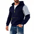 Herren-Hoodie in Marineblau und Grau mit halbem Reißverschluss und Neon-Akzenten - S / Oberteile / Marineblau