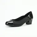Elegant black chunky heel pumps featuring a square toe and sleek patent leather accents - 35 / Black