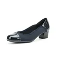 Elegant navy blue and black square toe pumps featuring a comfortable chunky mid-heel. - 35 / Dark Blue