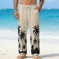 Detail of men's beach trousers with black palm tree print on beige cotton linen fabric - S / Khaki