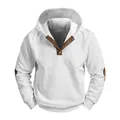 White men's jacquard casual hoodie featuring a button collar and brown elbow patches - S / Tops / White
