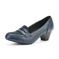 Classic navy blue round-toe loafer pumps with comfortable mid-block heel for office wear - 35 / Dark Blue