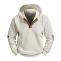 Men's cream jacquard hoodie with brown button collar and stylish elbow patches. - S / Tops / Off White