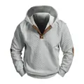 Mens stylish grey casual jacquard knit hoodie with brown button-neck leather trim - S / Tops / Gray