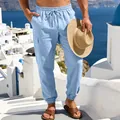 Pantaloni cargo in lino azzurro da uomo con multitasche per il tempo libero estivo. - Taglia S / Pantaloni e gonne / Azzurro