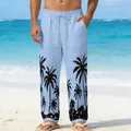Detailed view of blue beach pants for men featuring palm tree prints and drawstring waist. - S / Light Blue