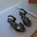 Elegant black girl's princess sandals featuring sparkling rhinestone flower accents. - 26 / Black