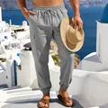 Lockere Herren-Leinen-Cargohose mit elastischem Bund und Kordelzug in grauem Stil. - Dunkelgrau