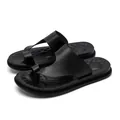 Classic black textured PU leather thong sandals for men with comfortable soft anti-slip sole - 38 / Black
