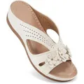 Elegant white wedge sandals with vintage flower decorations and peep-toe design for summer - White