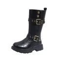 Classic black vintage-style girls' mid-calf boots with double buckle straps and thick lug soles. - Size 26 Inner Length 16.0cm / Black