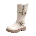 Vintage style British mid-calf boots for girls in beige with double belt buckles - Size 26 Inner Length 16.0cm / Beige