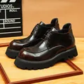 British style retro men's glossy leather boots with thick platform soles and lace-up design - 37 / Brown
