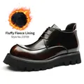 Men's glossy dark brown leather boots with thick platform sole and warm fleece lining - 37 / Brown (Fleece Lined)