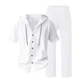 Detail view of men's white linen hooded shirt and pants set for summer vacation - S / Top And Bottom / White