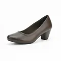 Classic dark brown women's pump shoes featuring a medium block heel and almond toe. - 35 / Dark Brown
