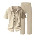 Men's summer linen-blend set with hooded short-sleeve shirt and straight trousers in khaki - Khaki