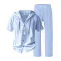 Men's light blue summer linen set featuring a hooded short sleeve shirt and straight trousers - Light Blue