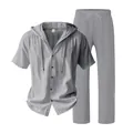 Men's summer linen casual set featuring a hooded short sleeve shirt and straight leg pants - Dark Gray