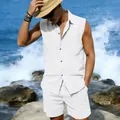 Detail of white men's sleeveless linen beach set with matching shorts on the coast - S / Top And Bottom / White