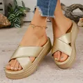 Detail of stylish gold platform sandals with cross-strap design and textured finish - 36 / Cross Strap Style / Gold