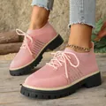 Comfortable pink knit lace-up platform sneakers for women with breathable mesh upper. - Pink