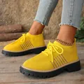 Stylish bright yellow breathable mesh thick-sole lace-up comfort casual shoes for women - Yellow