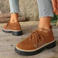 Brown knitted mesh platform sneakers for women with front lace-up casual breathable design - Brown