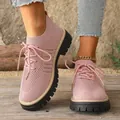 Women's pink mesh lace-up platform sneakers, breathable casual spring walking shoes - Pink